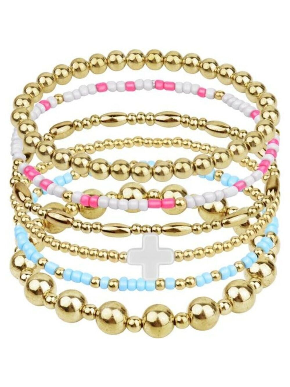 Gold beaded bracelet set 14k plated dainty cross stack stretch layered jewelry g